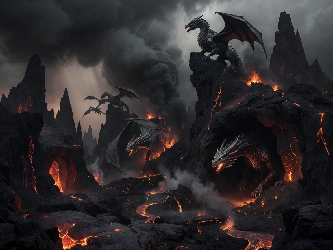 Dark cinematic volcanic landscape representing a dragon sanctuary